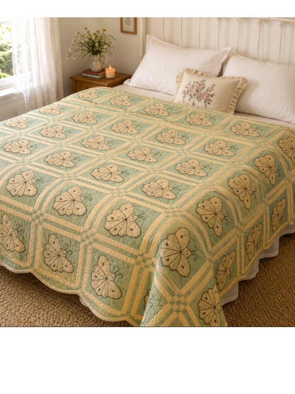 Handmade Butterfly Patterned Quilt Green and Cream Queen Quilt size Queen